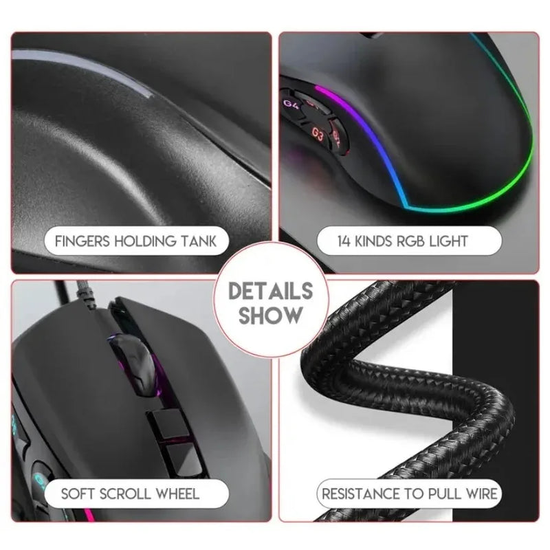 Mouse Gamer 7200DPI 10 Botões Macro LED RGB Com Fio Alta Precisão Ergonômico