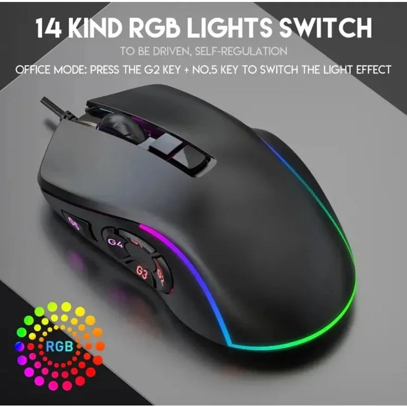 Mouse Gamer 7200DPI 10 Botões Macro LED RGB Com Fio Alta Precisão Ergonômico