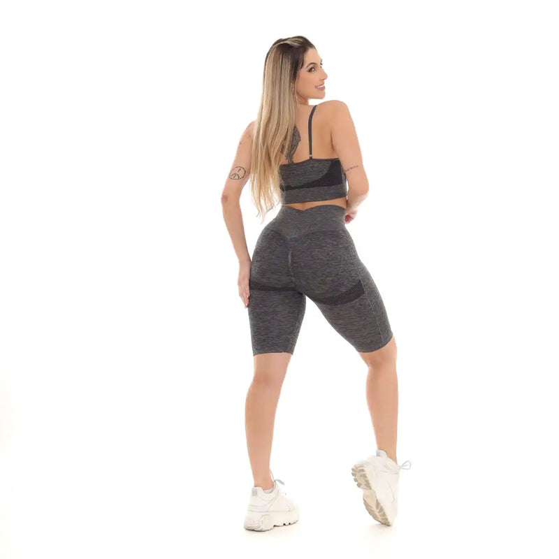 Conjunto Top E Bermuda Academia Fitness Empina E Levanta Bumbum Cinza Escuro