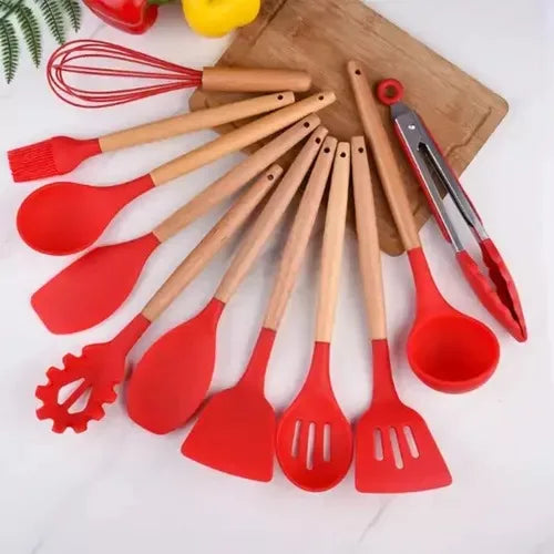 Kit Colher Silicone para Cozinha, BPA Antiferrugem, Madeira Conjunto de Utensíl