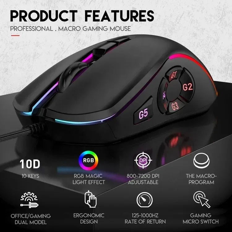 Mouse Gamer 7200DPI 10 Botões Macro LED RGB Com Fio Alta Precisão Ergonômico