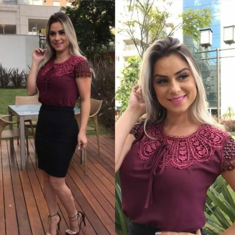 Blusa Feminina Lindíssima Com Detalhes De Pérolas Nas Mangas