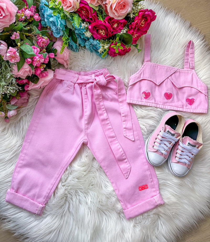 Conjunto Blogueirinha Sarja Coração Calça Rosa (CNJTBLGSJCRCCLRS)