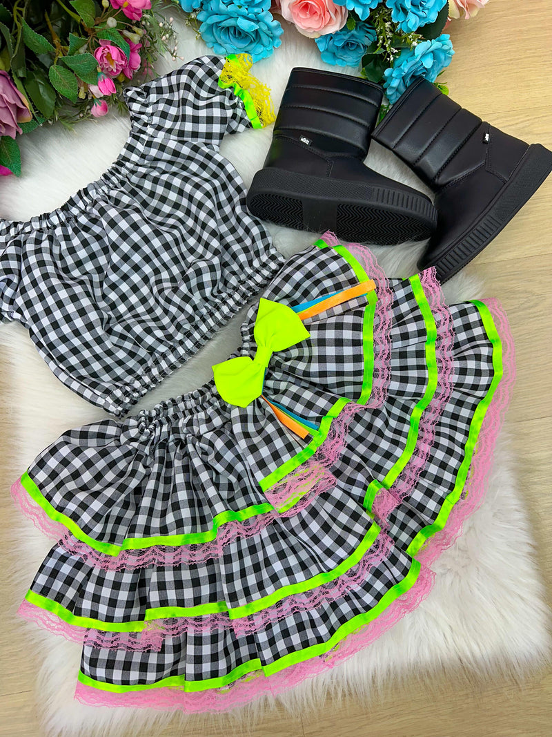 Conjunto Junino Banana Club Luxo Sofia Xadrez Preto (CNJTJNNBNNCLBSFXDPRT)